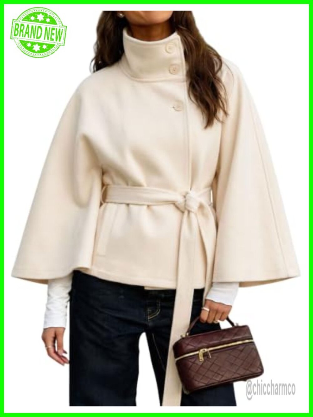 Hooever Women Batwing Sleeve Poncho Wool Blend Pea Coat Belted Winter